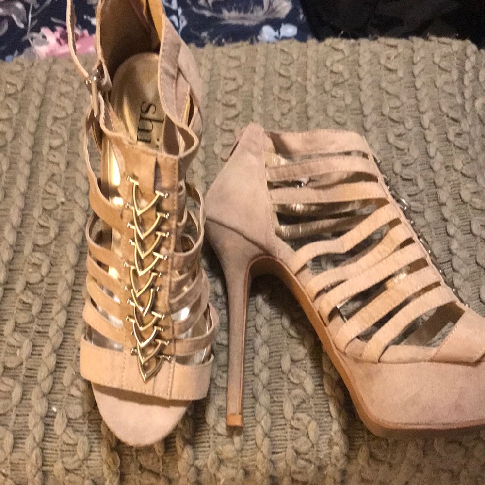 Light pink microsuede bootie heels